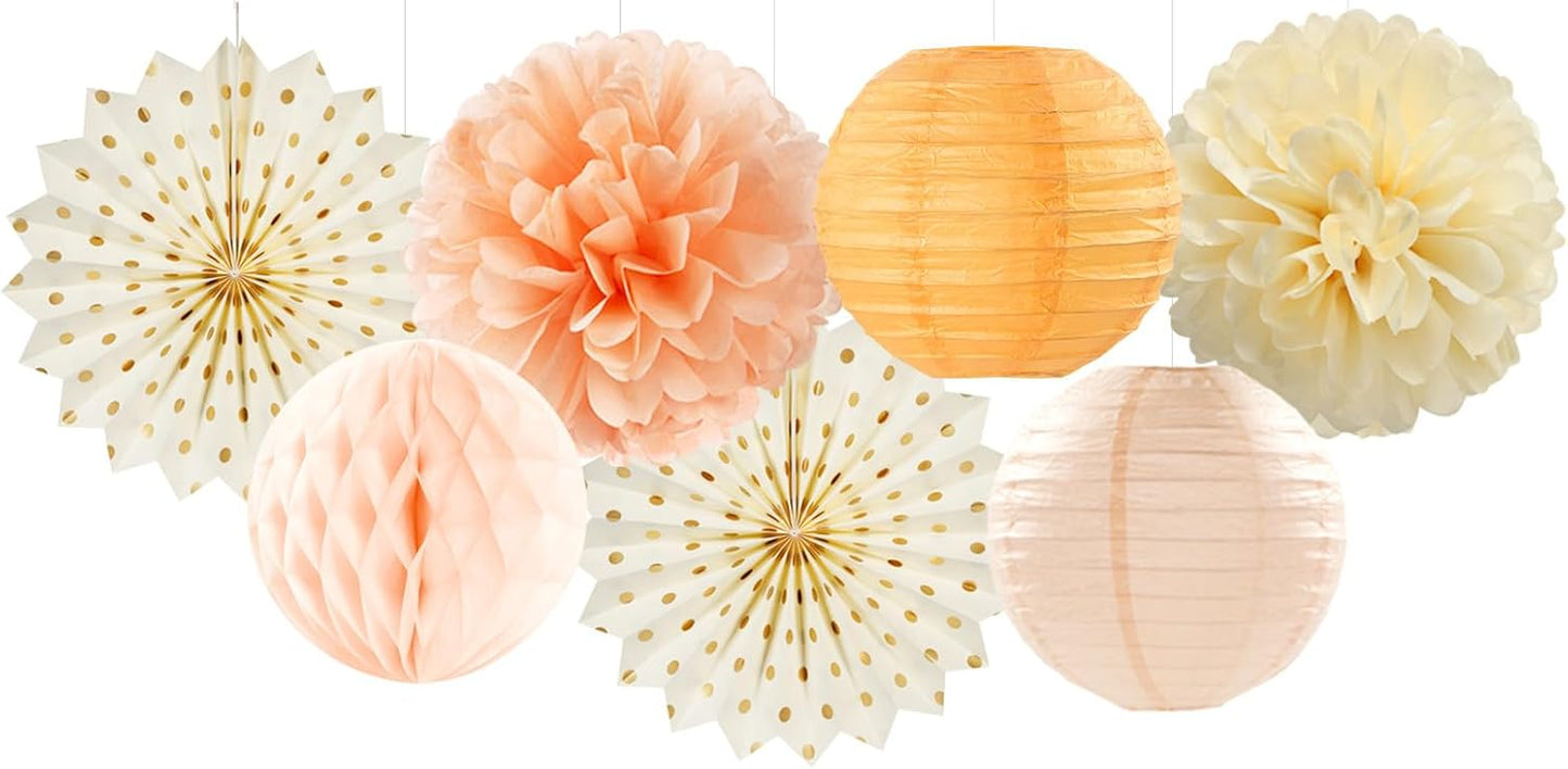 Beige-Orange Peach Fall Party-Decorations Paper-Lanterns- 14pcs Autumn Thanksgiving Harvest Birthday Boho Streamers Fan,Tissue Pom Poms, Baby Bridal Shower Wedding Engagement Decor Lasting Surprise