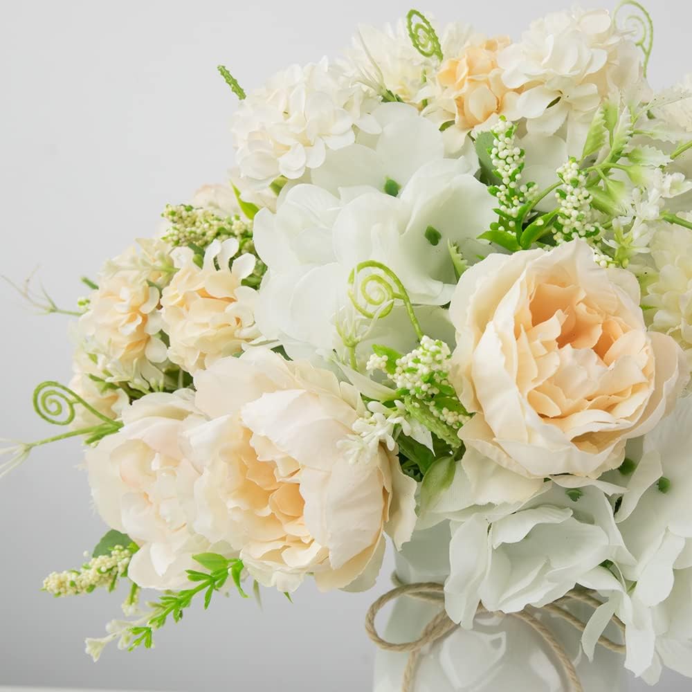 LESING Artificial Peony with Vase Silk Flowers Bouquets Fake Hydrangea Bulks for Home Table Centerpieces Wedding Decoration(White-1)