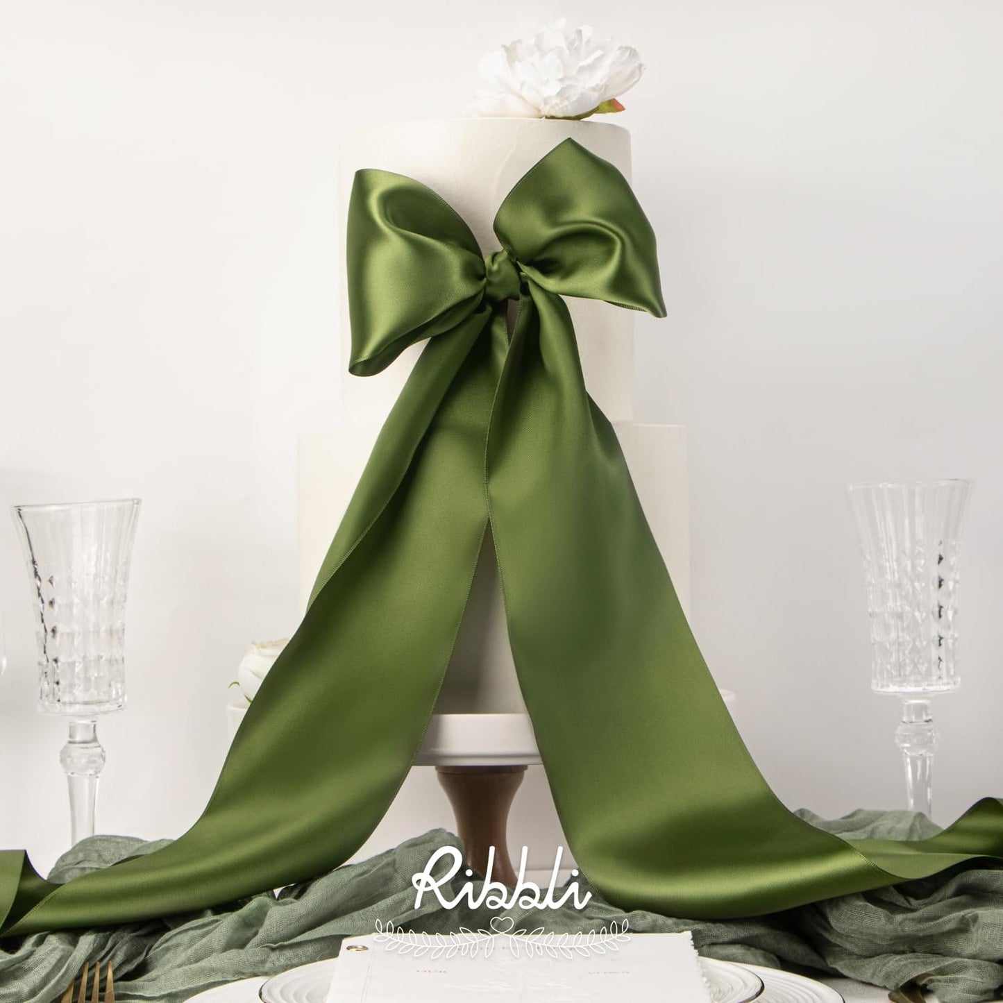 Ribbli Moss Green Satin Ribbon 4 Inch Wide Moss Green Ribbon for Wedding Chair Sash Grand Opening Ceremony Big Bows Gift Wrapping Floral Crafts Cake Decor-Double Faced Satin Continuous 10 Yards