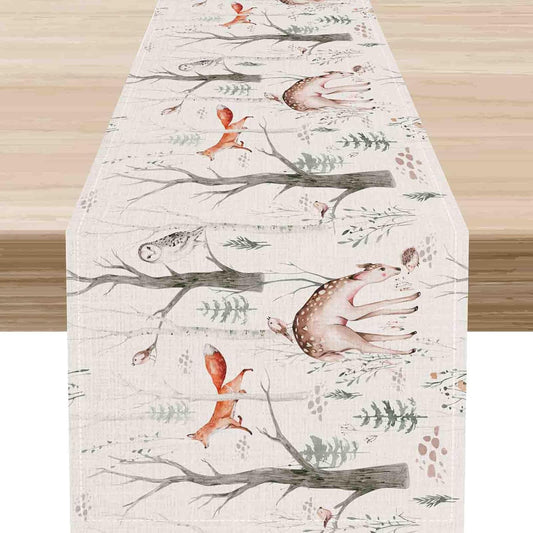 Rustic Forest Table Runner, Farmhouse Wild Woodland Animals Country Fox Rabbits Mushroom Botanical Green Table Center Decor for Home Kitchen Dining Patio Holiday Party, 13"x90" Inch