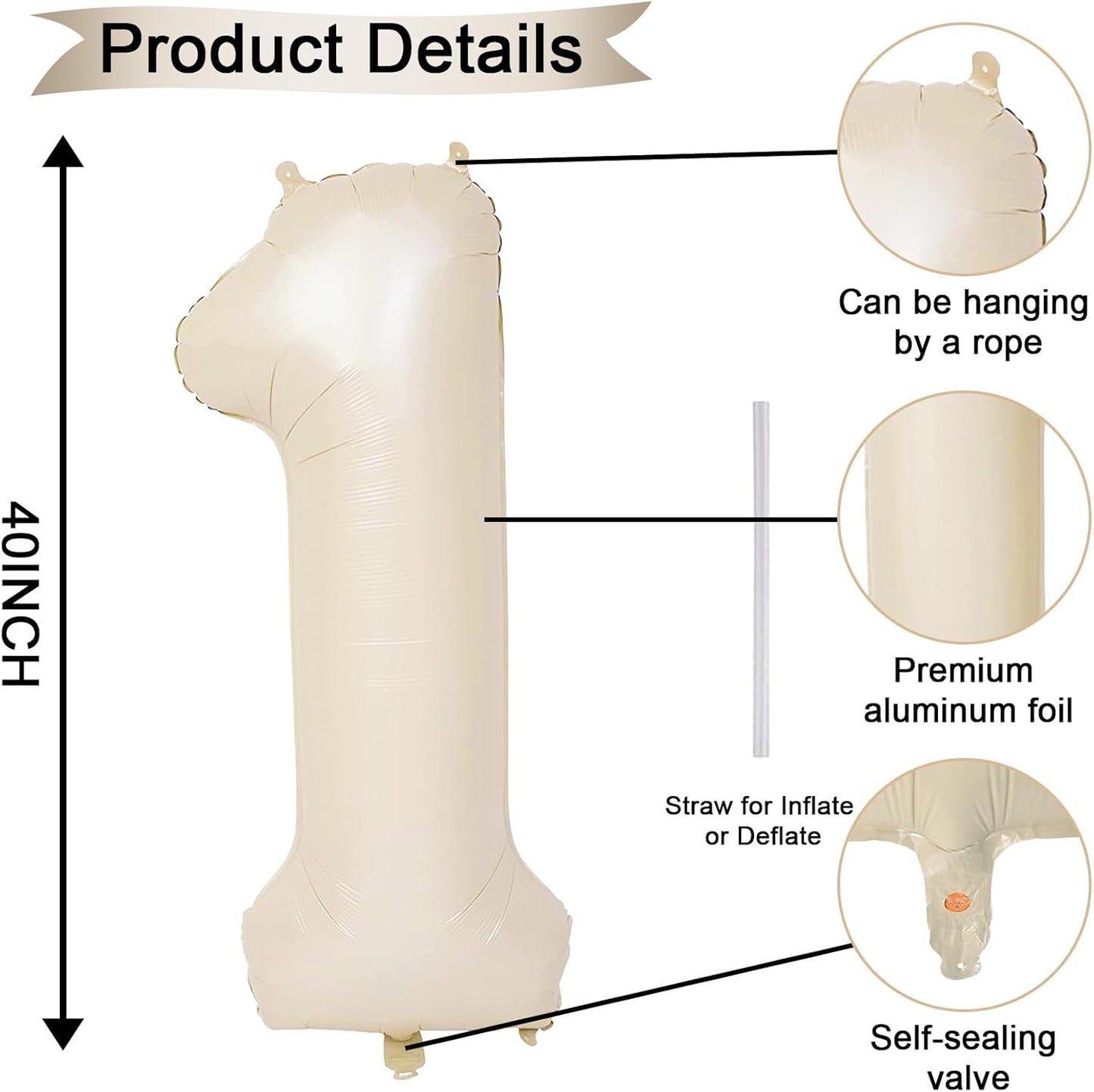 40 Inch Cream Number 1 Balloon, Beige Large Self Inflating Foil One Balloons for 1st Birthday Decorations Boys Girls, Digital 1 Helium Balloon for First Birthday Baby Shower Anniversary Party Supplies