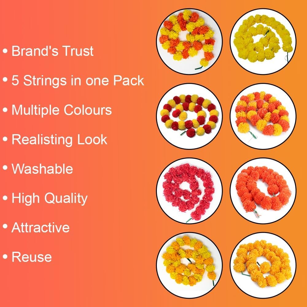 Marigold Garland for Diwali Decorations Pack of 5 - Marigold Artificial Flowers, Indian Marigold Flower Garland for Diwali Decorations (Light Orange Light Yellow | 4 to 4.5 ft) Hashcart®