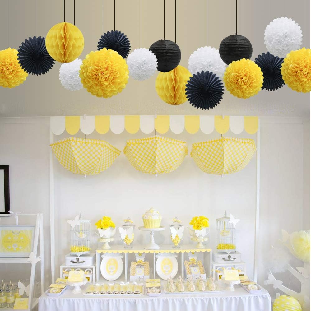 Yellow White Black Party Decorations 16pcs Paper Pom Poms Honeycomb Balls Lanterns Tissue Fans for Bee Day Party Batman Birthday Graduation Baby Shower