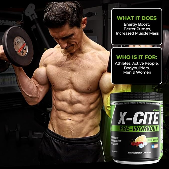 X-CITE Pre-Workout by ATHLEAN-X - Enhanced Formula with Beta-Alanine, Creatine & Caffeine for Ultimate Energy, Endurance, Focus & Muscle Pump, NSF Certified for Sports (22 Servings, Cherry Lemon Ice)
