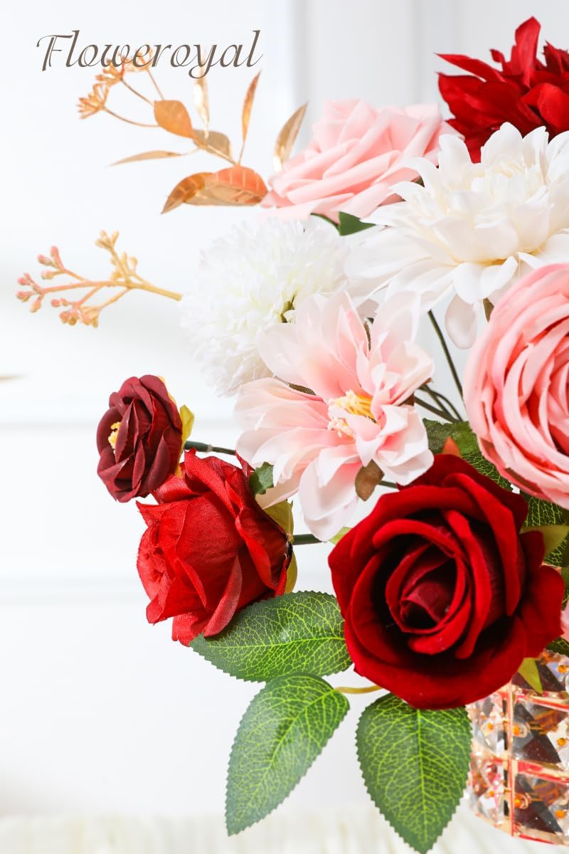 Floweroyal Artificial Flowers Combo Red Flowers Mix Silk Flowers Dahlia Roses with Stems for DIY Wedding Bridal Bouquets, Baby Shower, Floral Arrangement, Table Centerpieces, Home Decorations.