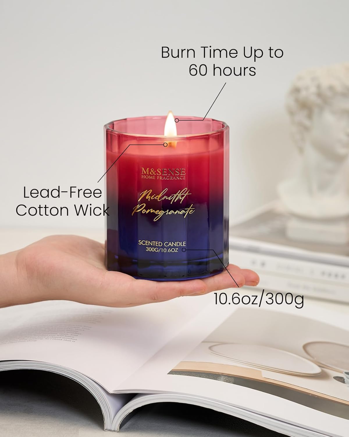 M&SENSE Midnight Pomegranate Scented Candles, 10.6oz 60 Hours Natural Soy Wax Long Burning Aromatherapy Candle for Meditation Relaxing Home Decor for Women Men