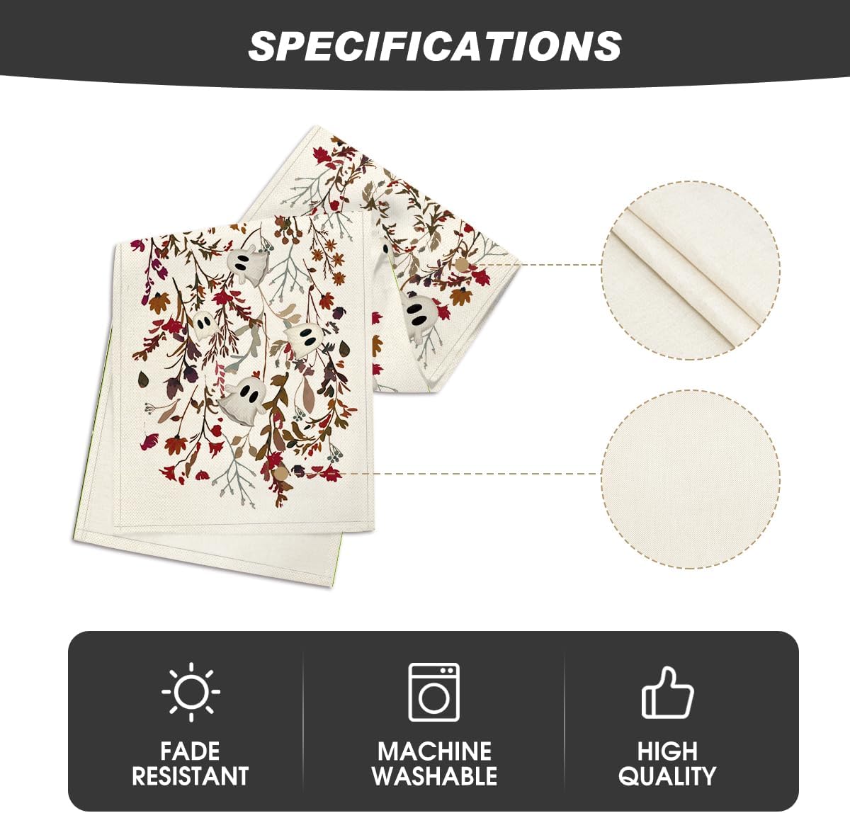 Artoid Mode Ghost Flowers Leaves 210 GSM Halloween Table Runner,Seasonal Fall Kitchen Dining Table Decoration for Home Party Decor 13x48 Inch