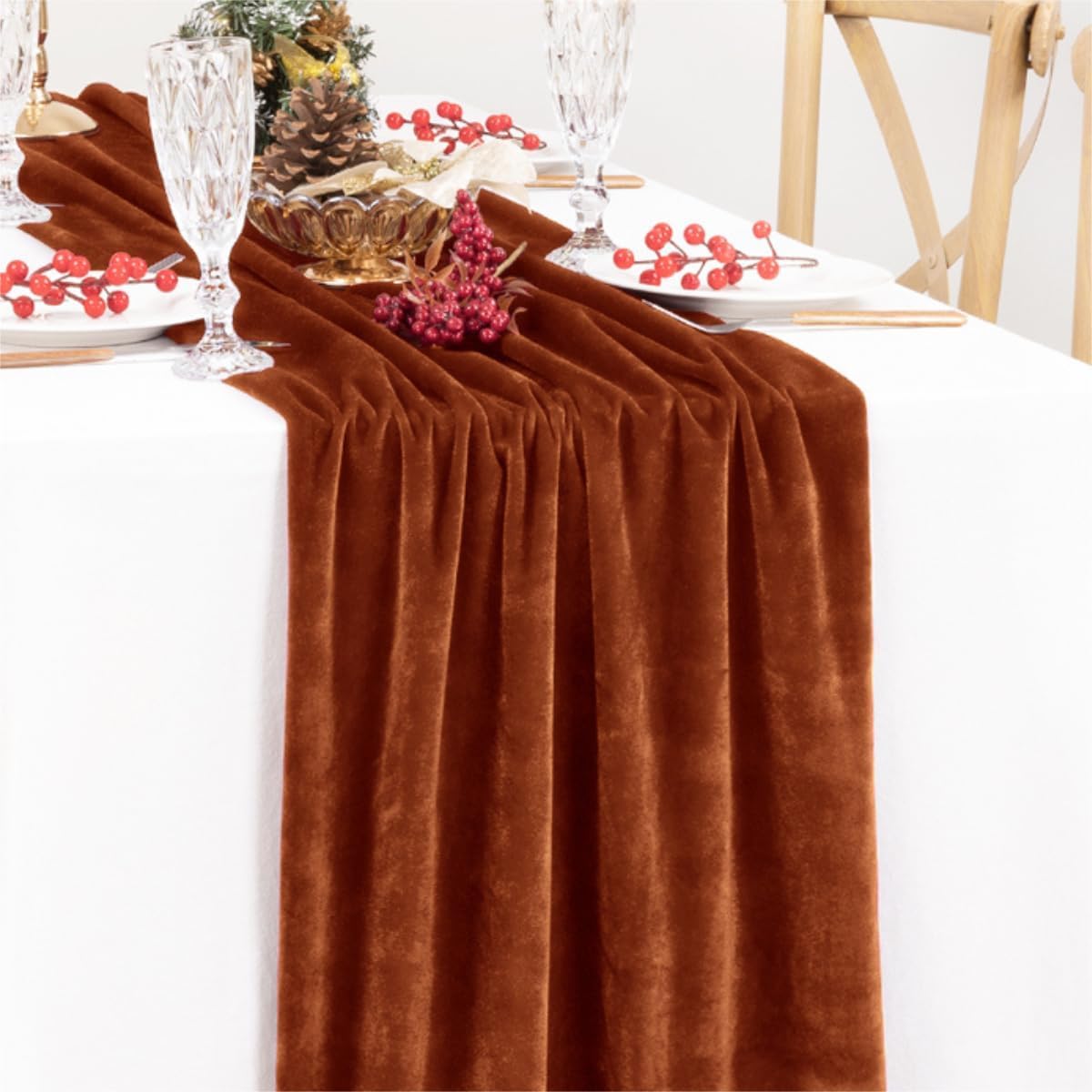 MLMC Terracotta Fall Thanksgiving Table Runner 10ft Luxury Rust Burnt Orange Velvet Table Runner Elegant Home Decor 20x120 Inches for Wedding Bridal Shower Birthday Party Home Decor
