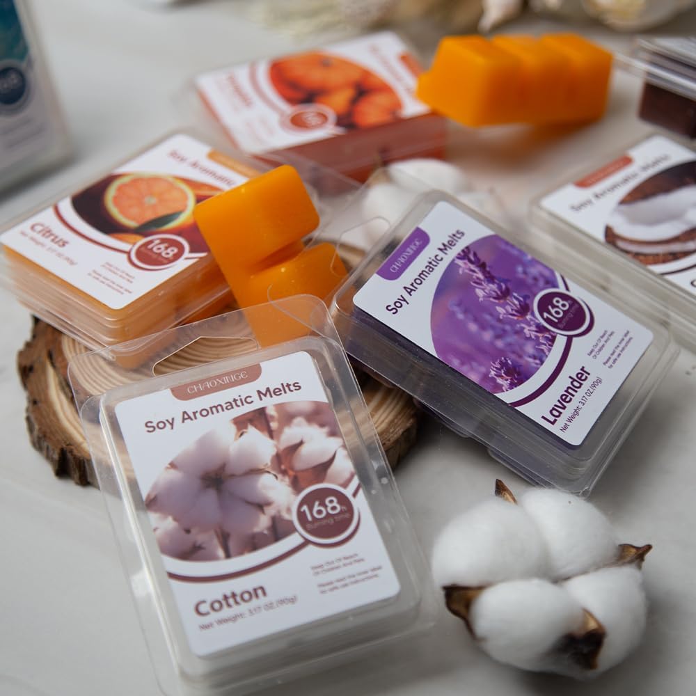 10-Pack Aromatherapy Wax Melts, Two Scent Combo | Wax Warmer & 8 Tealights Included | 90g (3.17 oz) per Pack | Eco-Friendly Soy Wax, 8 Scents (Cotton & Ocean Breeze) (Lavender & Pumpkin)