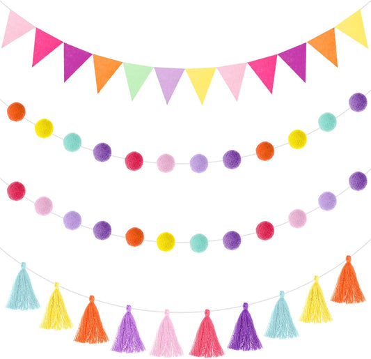 Irenare 9.8 ft Pom Pom Garland Felt Colorful Tassel Banner Christmas Party Pompoms Garland Decorations Felt Pennant Banner for Classroom Home Mantel Fireplace Birthday(Candy Color)