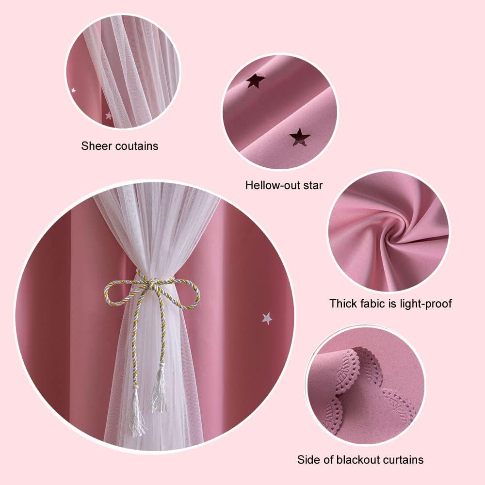 FANLI 2 Panels Star Blackout Curtains for Kid Girls Bedroom Living Room Darking Stripe Double Layer Star Cut Out Wall Home Decor Gradient Grommet Window Curtains (Pink 84L)