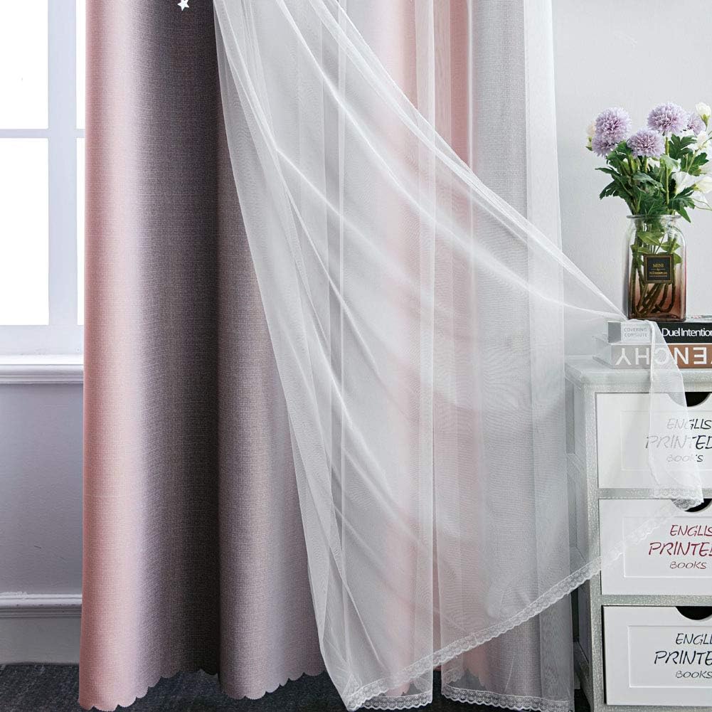 FANLI Ombre Rainbow Blackout Curtains for Kid Girls Bedroom Living Room Darking Stripe Double Layer Star Cut Out Wall Home Decor Gradient Grommet Window Curtains (Pink/Grey, 52W x 63L)