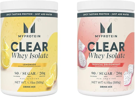Myprotein Clear Whey Protein Powder Bundle – Lemonade & Dragonfruit Flavors – Fruity, Fast-Digesting Whey Isolate – Post Workout Recovery Drink – Low Sugar, High Protein
