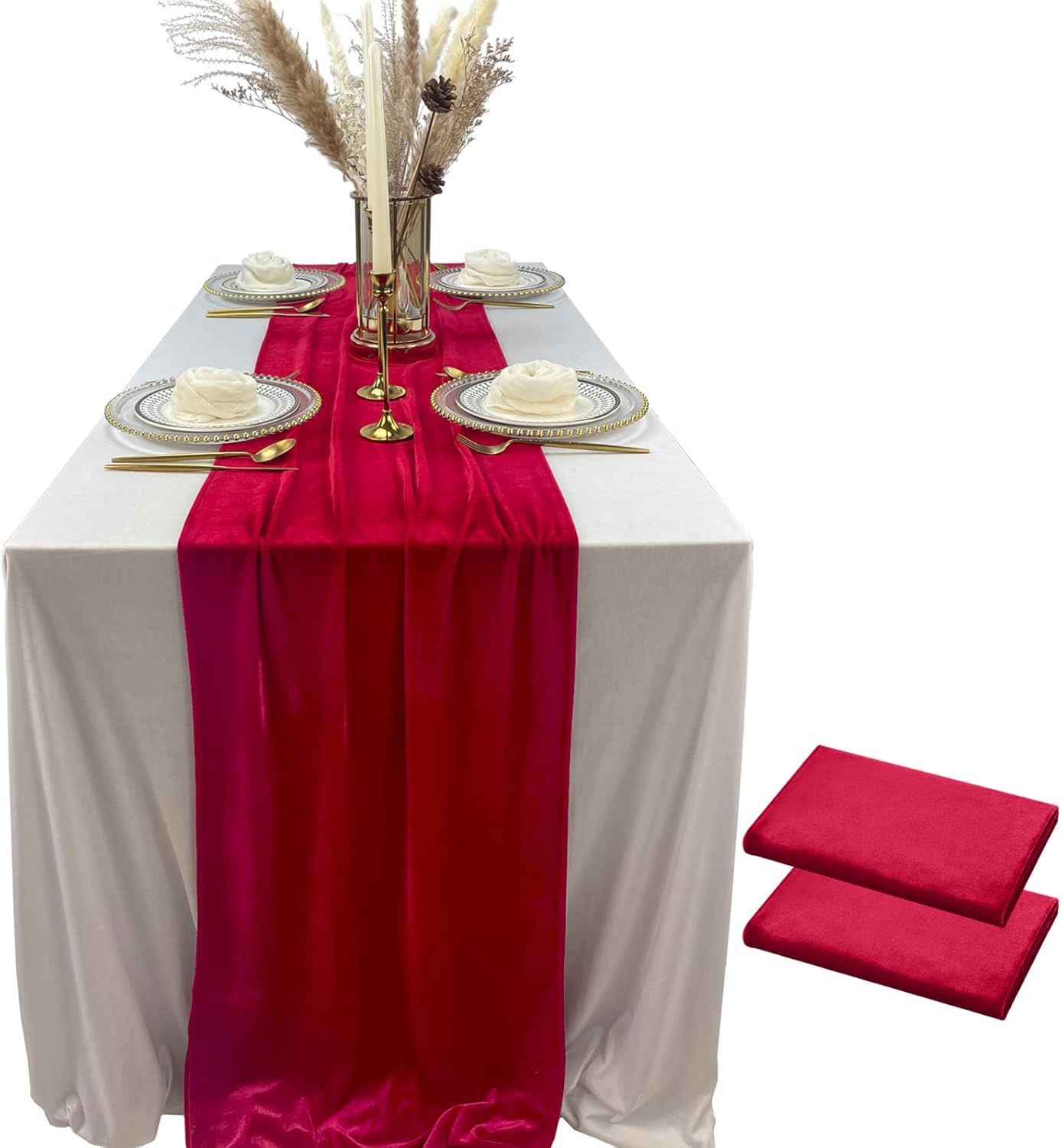 Luxurious Velvet Table Runner, 10ft Wedding Reception Decorations, 20x120inch Soft Velvet Fabric, Table Linen Overlay, Wedding Table Runners (Red, 20X120inch, 2pack)