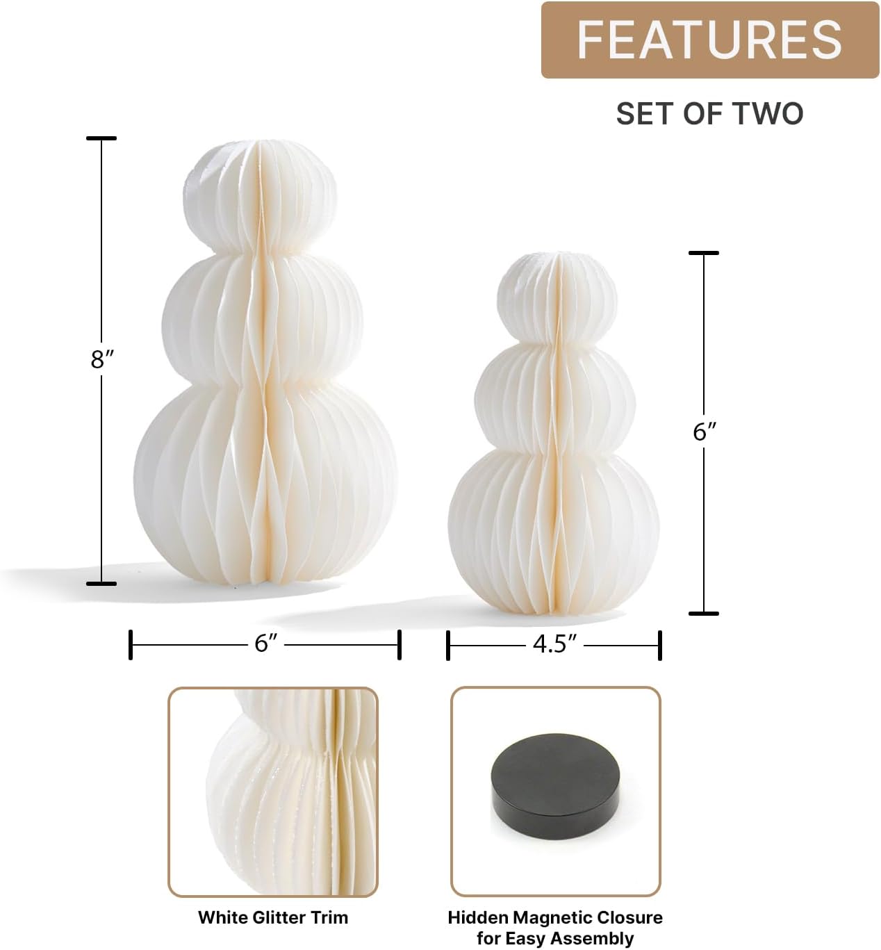 LampLust Snowman Decor, 2 Pack White Honeycomb Paper Snowmen, 6 & 8 Inch, Winter Wonderland & Enchanted Forest Decorations Indoor, Home Mantle Decor, Centerpiece Table Decorations