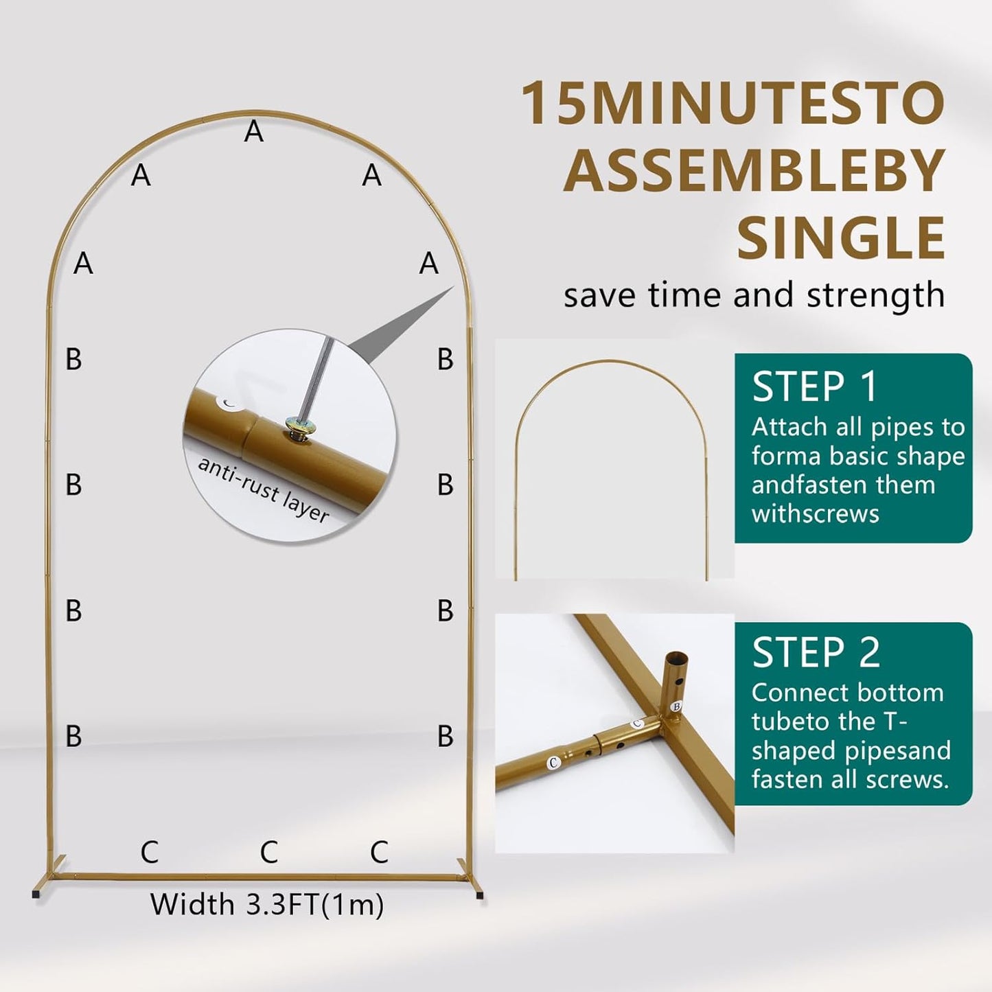 Metal Arch Backdrop Stand Set- Heavy Duty Rust-Proof Wedding Decoration Frame with Crossbar Base - Easy Assembly for Party, Photo Booth, Balloon & Flowers Decor (Gold, 6.6FT)