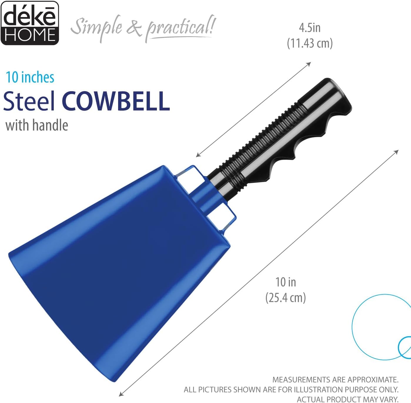 Deke Home - 2 Pack 10 Inch Steel Cowbells with Handle, Loud Noise Makers for Football, Sports, Parties, Competitions, School Spirit & Safety, Large Hand Bell for Cheering & Percussion Instrument