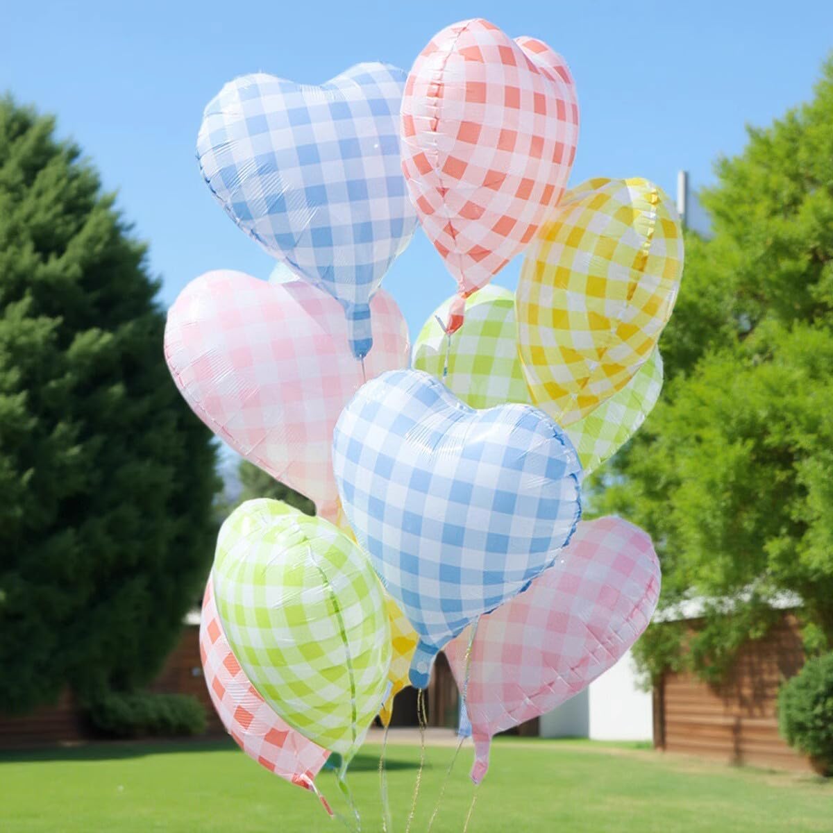Pink Blue Checkered Heart Balloons,12Pcs 18Inch Blue Pink Grid Heart Shaped Foil Helium Polyester Film Balloons for One Silly Goose Birthday Baby Shower Party Decorations