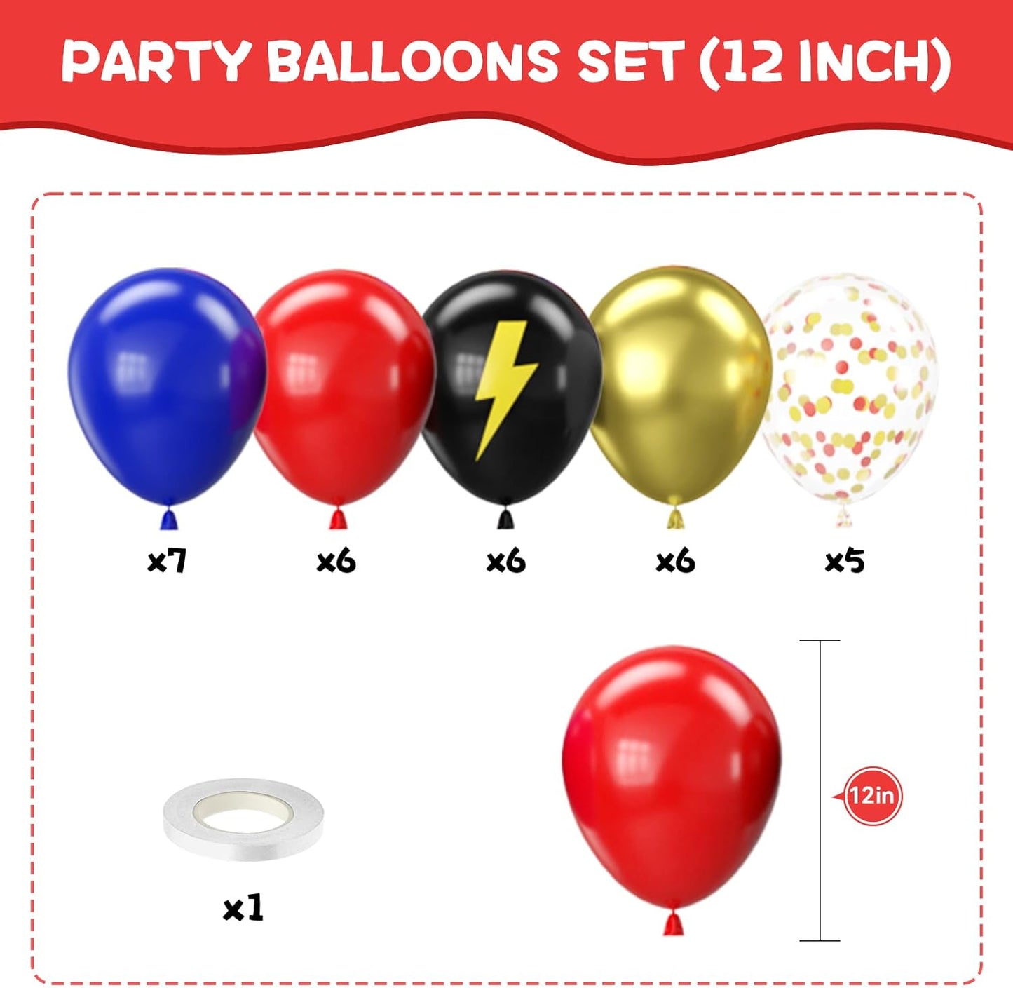 Red Blue Gold Balloons, 12 Inch Red Blue Black Helium Balloons with Confetti Balloon Carnival Circus Birthday Party for Boys Baby Shower Wedding Party Decoration Supplies