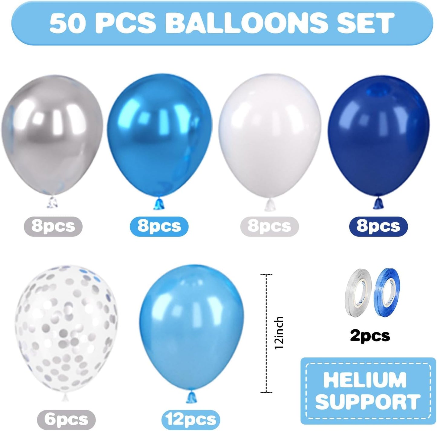 Blue and Silver Balloons, 12 Inch Navy Blue Balloons, Pearl Blue Metallic Silver Confetti Balloon Latex for Boys Birthday Baby Shower Gender Reveal Bachelor Party Graduation Decorations