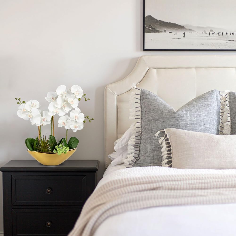 Briful Orchid Artificial Flowers 17in White Fake Orchid Silk Flowers with Gold Ceramic Pot Faux Orchid Arrangement for Home Office Room Coffee Table Centerpiece Modern Decoration