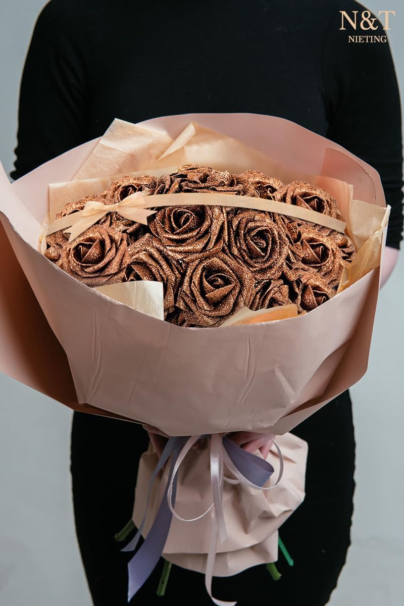 N&T NIETING Artificial Flowers Brown Glitter Flowers Foam 25pcs Roses Real Looking Fake Roses with Stem for DIY Wedding Bouquets Centerpieces Bridal Shower Party Home Decorations