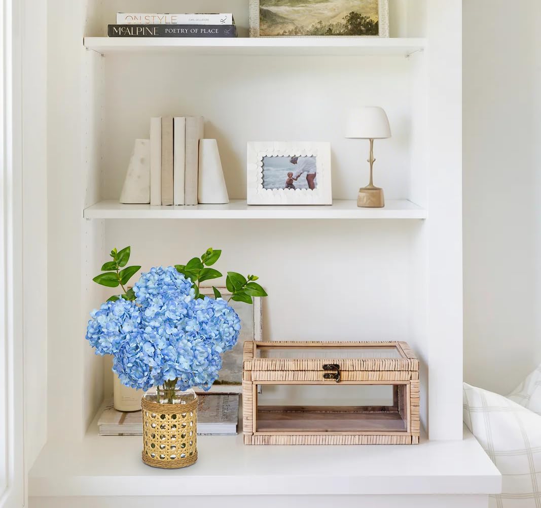 Hollyone Blue Hydrangea Artificial Flowers in Woven Glass Vase with Faux Water Silk Hydrangeas Fake Flowers Floral Arrangement for Home Indoor Bathroom Kitchen Office Table Centerpiece Shelf Decor