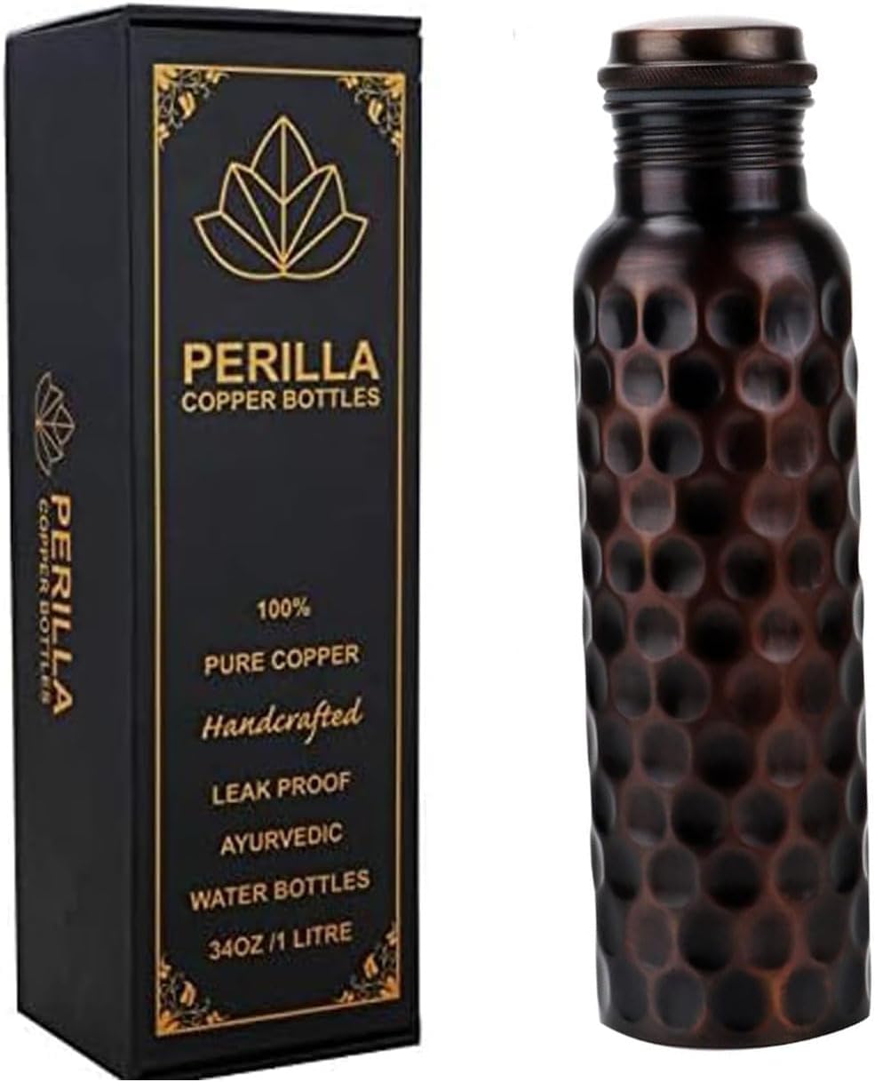 Perilla Home Pure Copper Water Bottle 34 Oz Leak Proof 100% Pure - Ayurvedic Copper Vessel - Drink More Water And Enjoy The Health Benefits Immediately - For Gym, Yoga Bottle (Diamond 2)