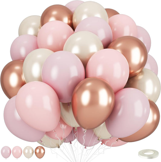 Dusty Pink Balloons, 50pcs Blush Light Pink Double Stuffed Pearl White Metallic Chrome Rose Gold Balloons for Women Girls Birthday Party Boho Wedding Engagement Bridal Shower Baby Shower Decoration