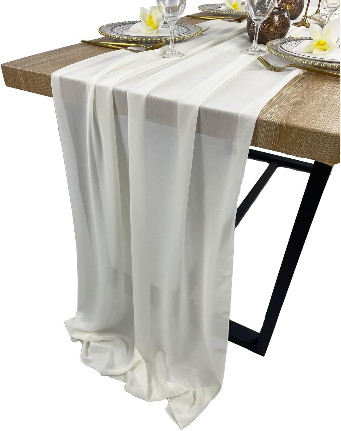 EHLDekol 13ft Ivory Chiffon Table Runner, 29x156 Inches Romantic and Rustic Boho Wedding Runner, Sheer Bridal Party Decorations