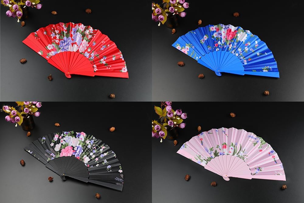HUNANBANG 1 Dozen Oriental Flowers Japanese Folding Hand Fans Spanish Church Wedding Vintage Gift, Party Favors, DIY Decoration retro Gift Size 8 1/4" Wholesale (12pack)
