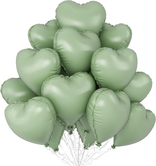 Sage Green Heart Balloons,12Pcs 18 Inch Oliver Green Foil Love Heart Shaped Balloons for Jungle Birthday Wedding Anniversary Graduation Baby Shower Valentines Day Decorations