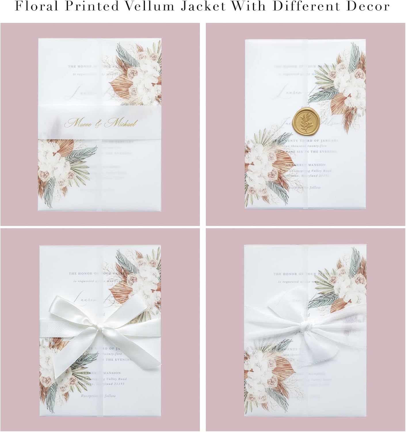 PONATIA 50PCS Vellum Jackets for 5x7 Invitation Cards- 135GSM Boho Flowers Vellum Sleeves Paper - Wedding Invitations Wraps - Transparent Card Jacket