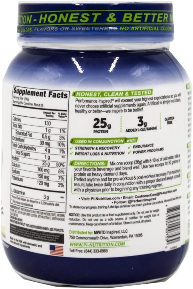 Performance Inspired Nutrition Isolate Whey Protein Powder - All Natural - 25G - Fast Absorbing & Clean - Added L-Glutamine - Contains BCAAs - Vanilla - 2lbs