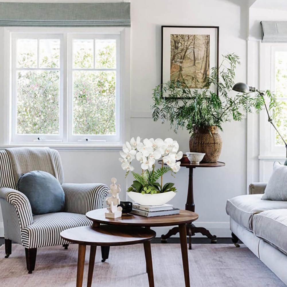 Briful Orchid Artificial Flowers 18in White Fake Orchid Silk Flowers with Ceramic Pot Faux Orchid Arrangement for Home Office Room Coffee Table Centerpiece Modern Decoration