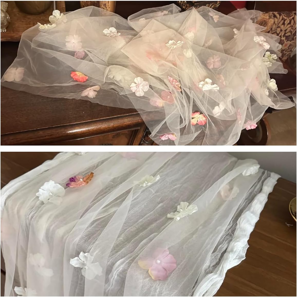 Romantic Artificial Floral Table Runner 10ft Gauze Tulle Lace Table Runner Set for Wedding Baby Shower Bridal Shower Holiday Kitchen Dining Table Decoration for Home Party Special Occasion (2Pcs)