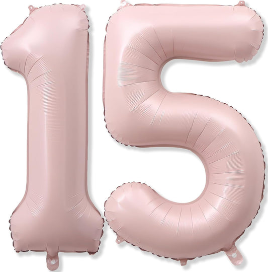 Light Pink Sweet 15th Birthday Balloon for Girls, 40 Inch Self Inflating Mylar Number 15 Balloons, Big Blush Pastel Pink Foil 1 & 5 Helium Balloon 15 for Coquette 15th Birthday Party Decorations