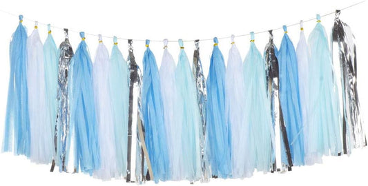 Shiny Tissue Paper Tassels Party Tassel Garland Banner Decorations, DIY Kits,Blue,White,Silve,Pack of 20