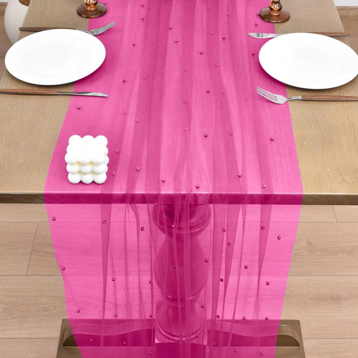 Joanlody Fall Fuschia Pearl Table Runner 10ft Rustic Boho Tulle Table Runner with Pearls for Baby Shower Wedding Party Veil Dessert Thanksgiving Table Decor Hot Pink 4pcs