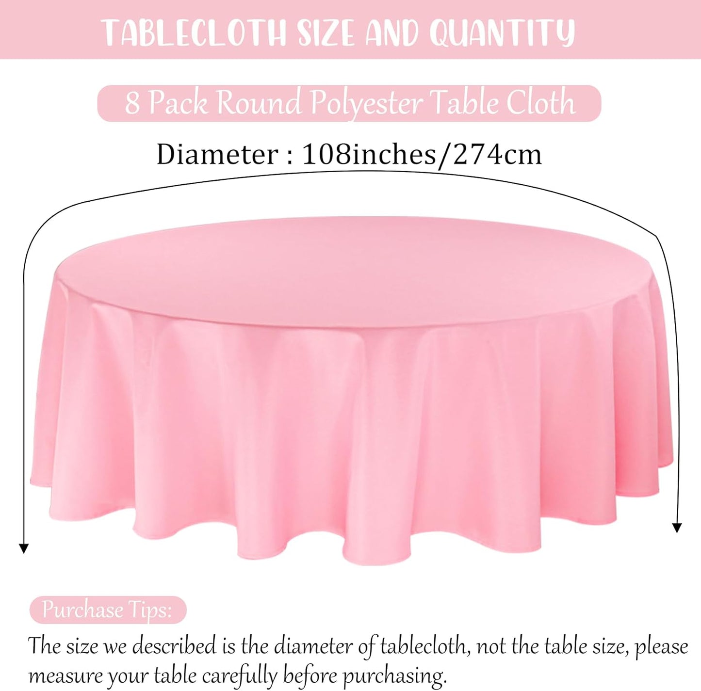 8 Pack Premium Pink Tablecloth - 108 Inch Round Table Covers - Washable Polyester Fabric - Wedding Party Reception Banquet Buffet Restaurant