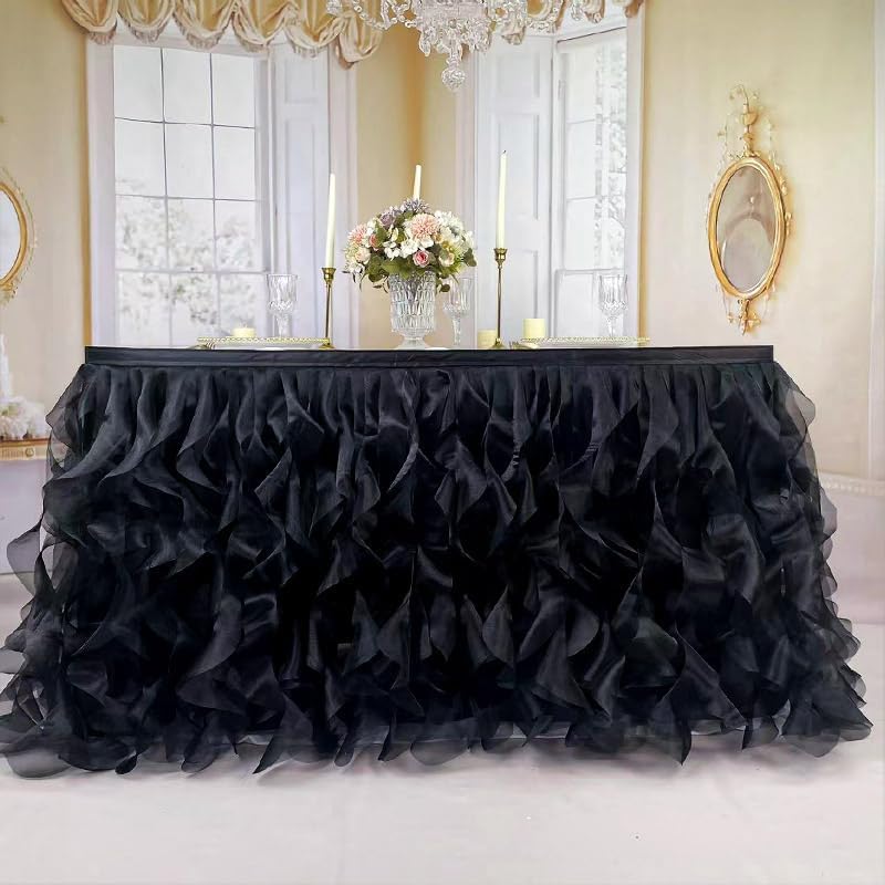 Luxury Organza Mesh Table Skirt Draping Floating Romance - Perfect for Bridal Showers, Birthday Weddings - Clear Flowing Decoration for a Wonderful Main Cake Table (Black-6ft, 72" L×30" H)