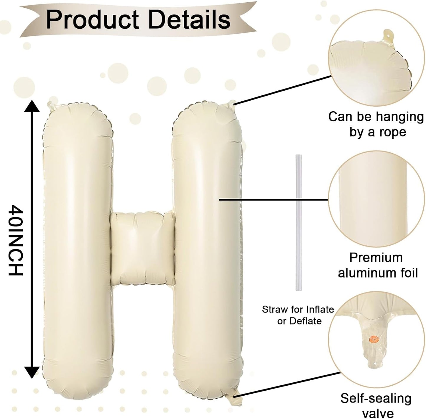 40 Inch Letter Balloons H, Big Custom A-Z Alphabet Foil Name Balloon Cream White, Self Inflating Beige Customize Helium Balloon Letters H for Women Girls Happy Birthday Oh Baby Shower Party Decoration