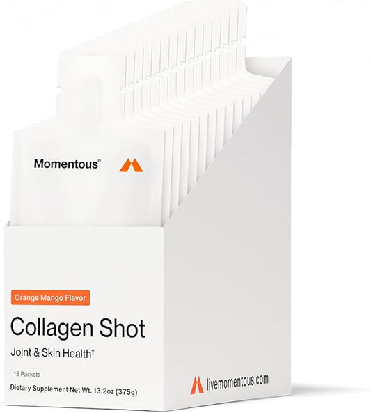 Momentous Collagen Shot Supplement - Hydrolyzed Bovine Collagen & Vitamin C to Help Support Joint, Bone, & Connective Tissue Health - NSF Certified for Sport - Mango Orange - 25g/Serving - 15 Servings