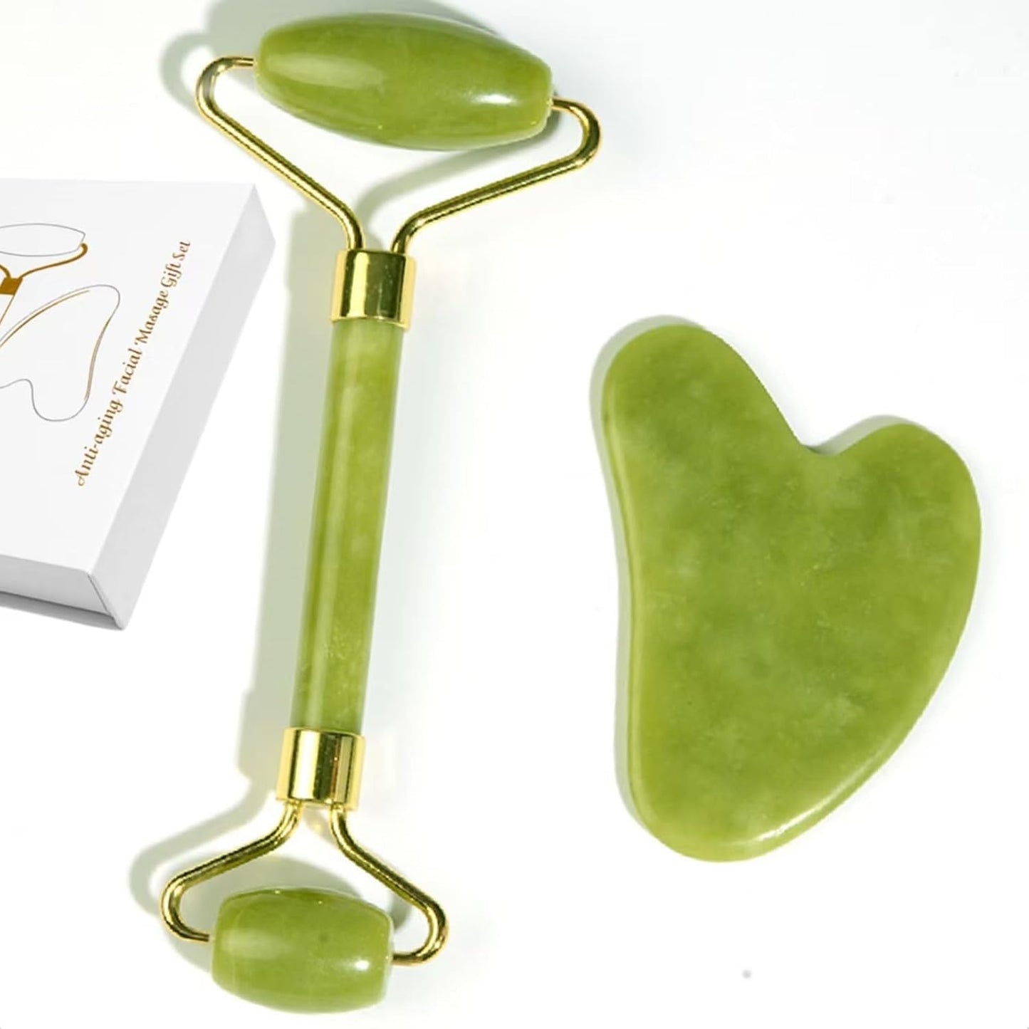 Natural Jade Roller & Gua Sha Set, Self Care Colorful Gift for Face Eye Neck Massager for Women Men, Jade Gua Sha Tool for Face for Skin Care, Improves Skin Tone-Beauty & Skincare (Green)