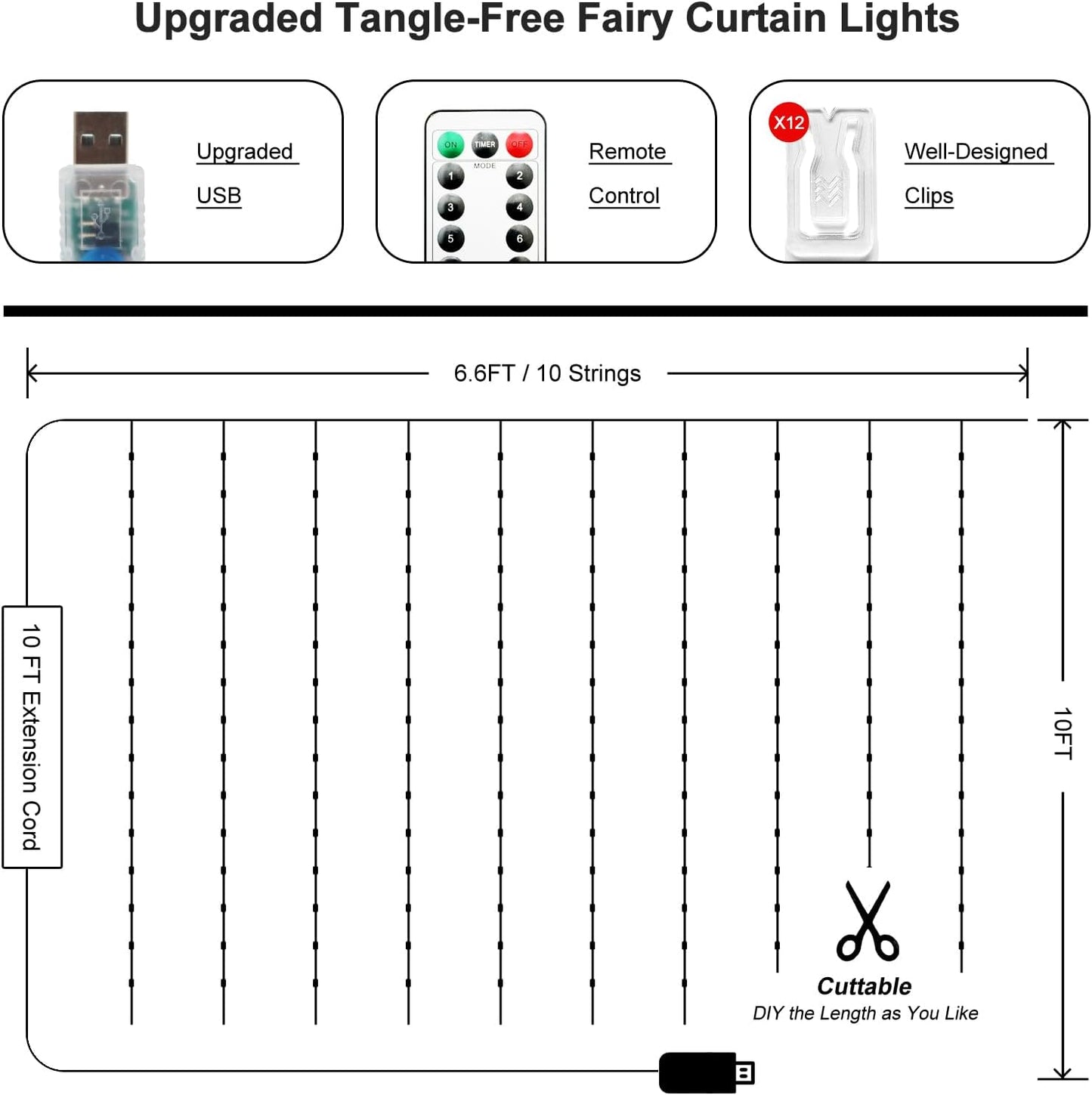 Fairy Curtain Lights Upgraded Tangle-Free Warm White USB Plug in 8 Modes String Hanging Lights with Remote for Christmas, Bedroom, Indoor, Outdoor, Weddings, Party (6.6FTx10FT)