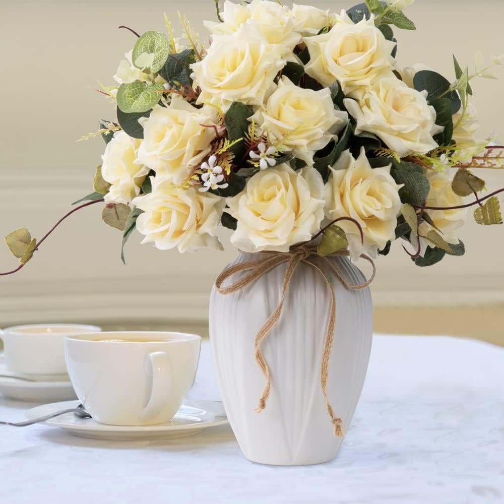 LESING Artificial Rose with Vase,Fake Silk Flowers Bouquets in Vase Table Centerpiece Arrangement for Kitchen Living Room (Champange)
