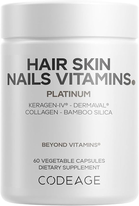 Codeage Hair Skin Nails Vitamins Platinum - KeraGEN-IV Keratin, Dermaval - Hair Fall, Skin Elasticity & Moisture Support - Biotin 5000, Collagen, Vitamin C, Coffeeberry, PABA Supplement - 60 Capsules