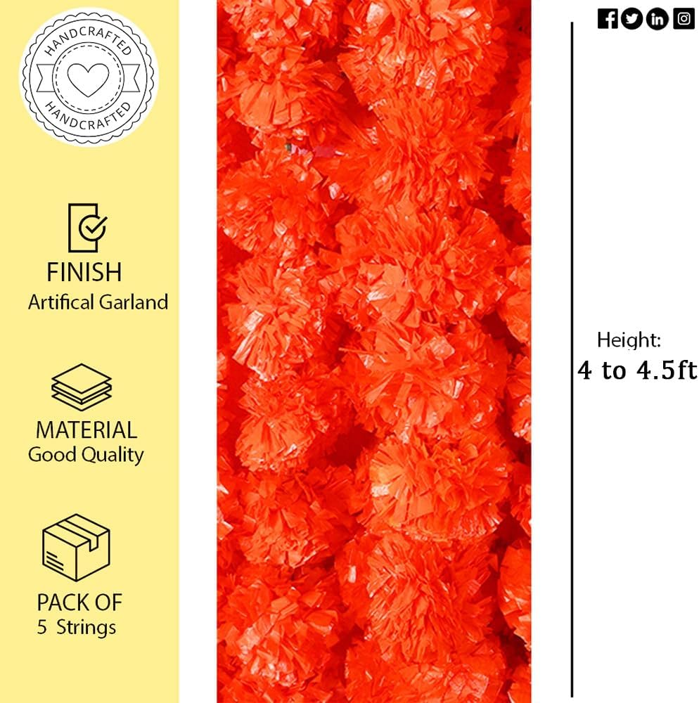 Artificial Marigold Flower Garland for Diwali Decoration, Weddings, Parties Events, Pooja Festival - Traditional Indian Decoration (Orange 5 PC | 4 to 4.5 ft) Hashcart®