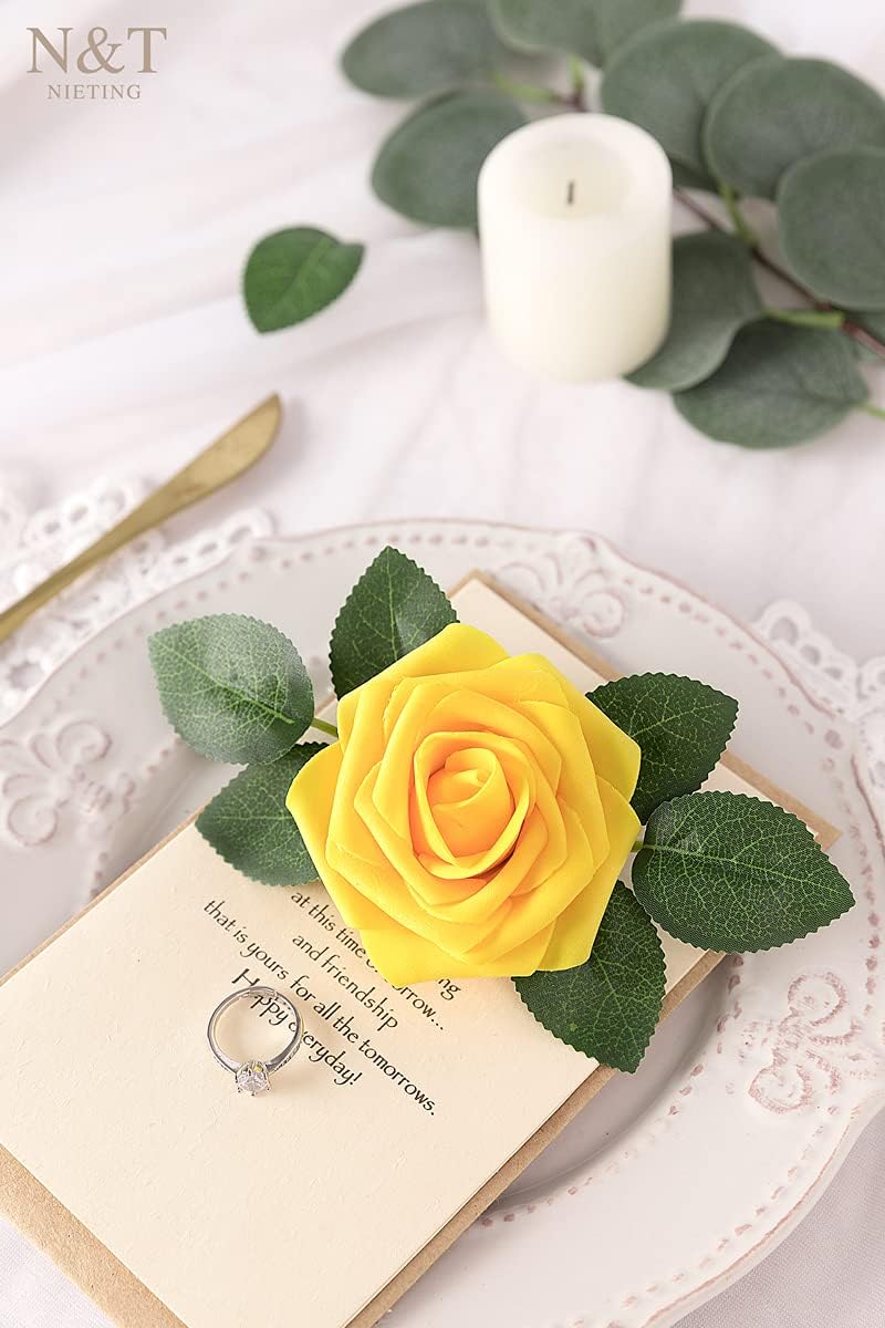 N&T NIETING Artificial Flowers, 25Pcs Fake Flowers Fall Roses Perfect for DIY Wedding Bouquets Centerpieces Bridal Shower Party Home Flower Arrangement Decorations, Gold