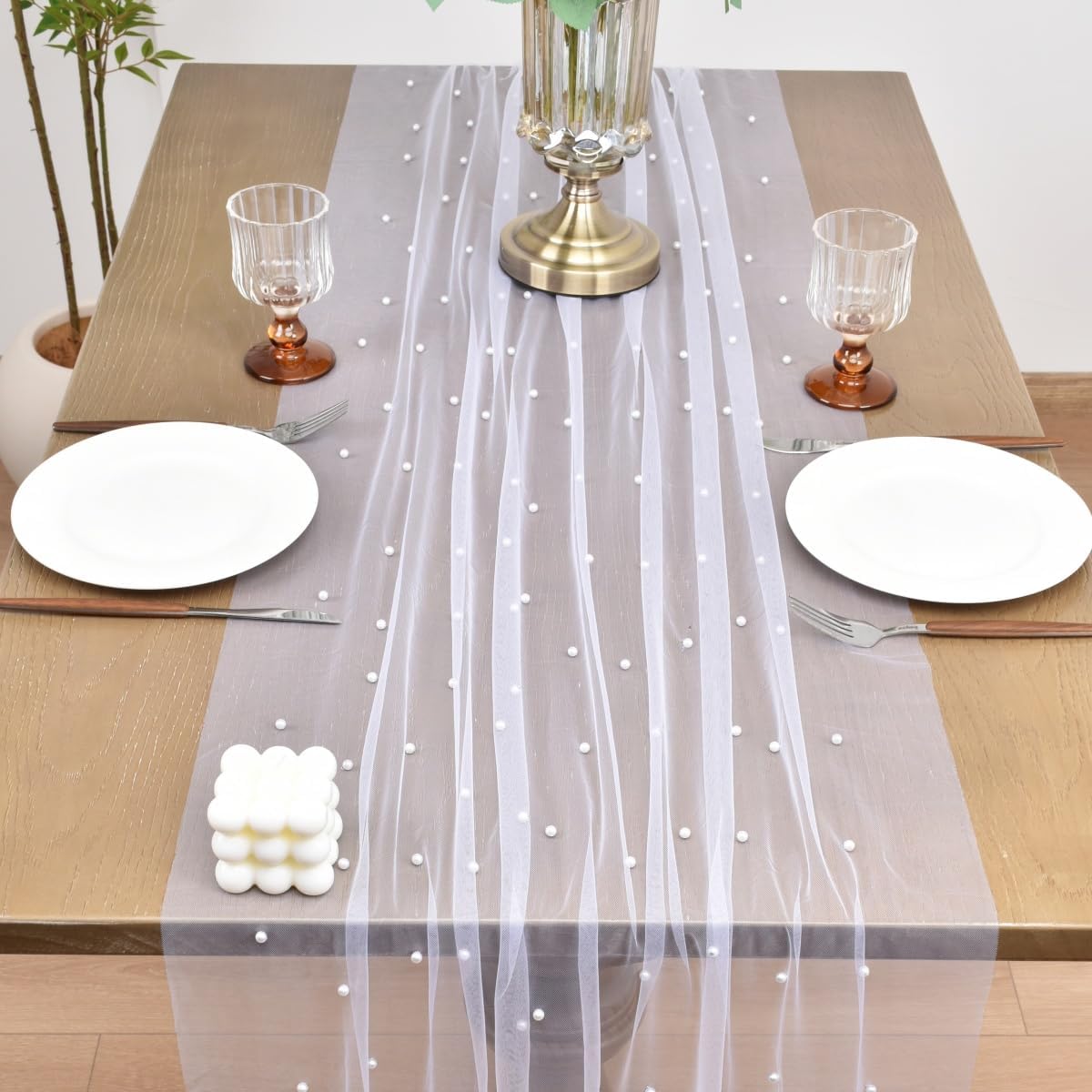 Joanlody Fall Pearl Table Runner 10ft Rustic Boho Tulle Table Runner with Pearls for Baby Shower Wedding Party Veil Dessert Thanksgiving Table Decor White 4pcs